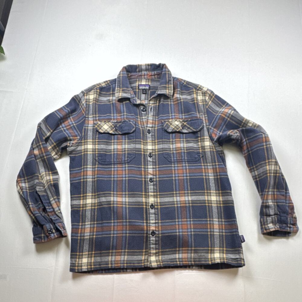 Patagonia/Men's Plaid Blue Beige Brown Organic Cotton Flannel Button-Up Shirt M